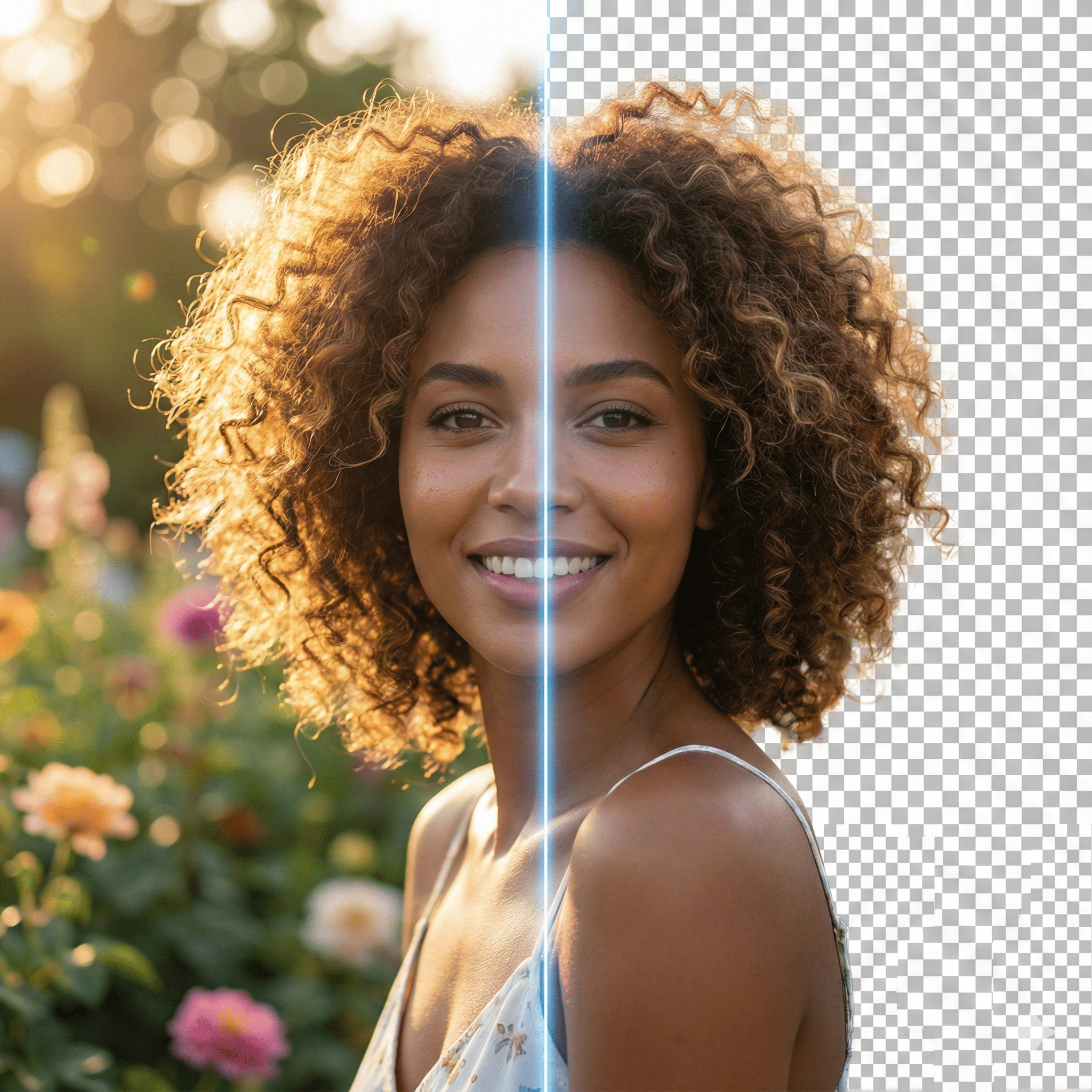AI background remover before and after comparison showing a woman with transparent background
