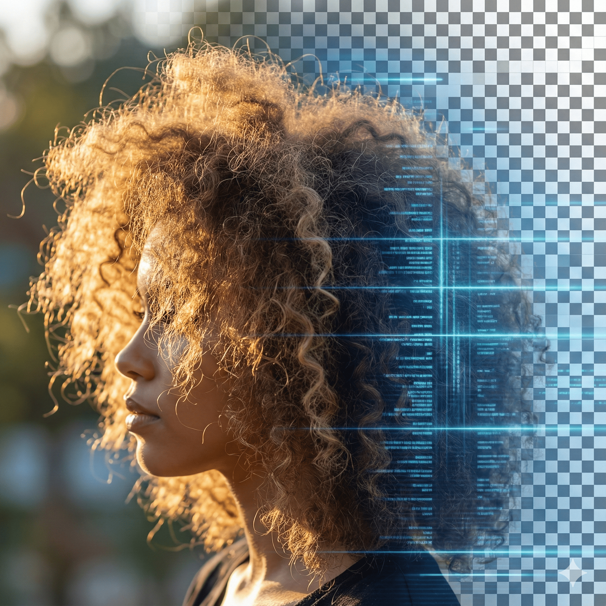 Close-up of curly hair showing precision background removal of complex edges